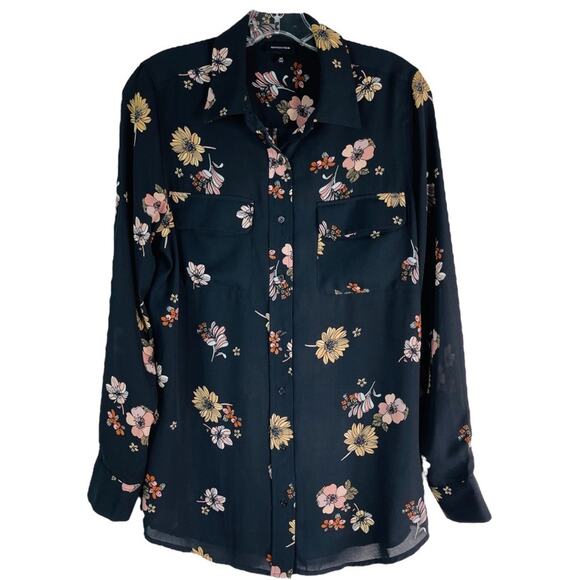 Whowhatwear black tan floral chiffon button front shirt top medium - Picture 1 of 7